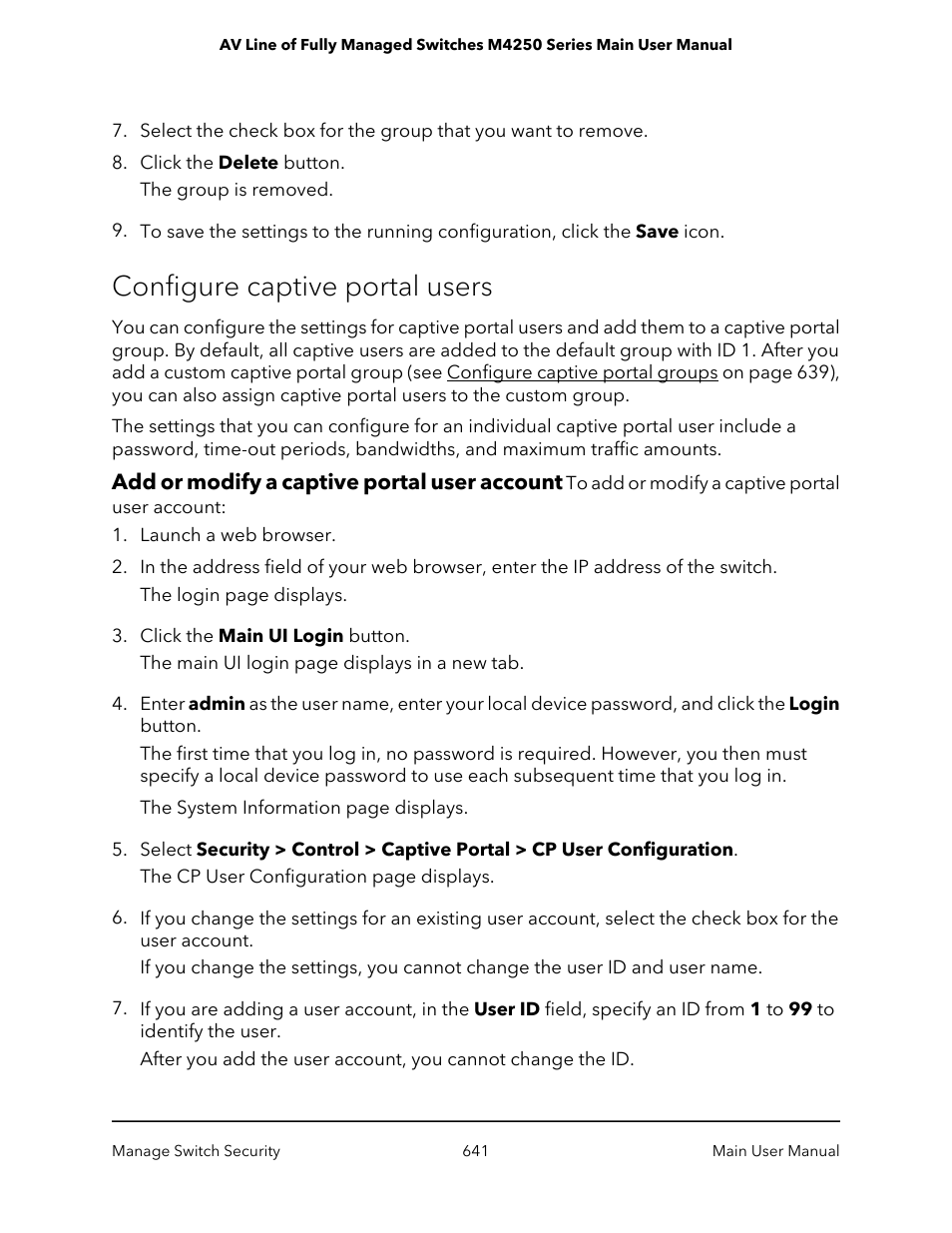 Configure captive portal users, Add or modify a captive portal user account | NETGEAR AV Line M4250 GSM4210PX 8-Port Gigabit PoE+ Compliant Managed AV Switch with SFP (220W) User Manual | Page 641 / 826