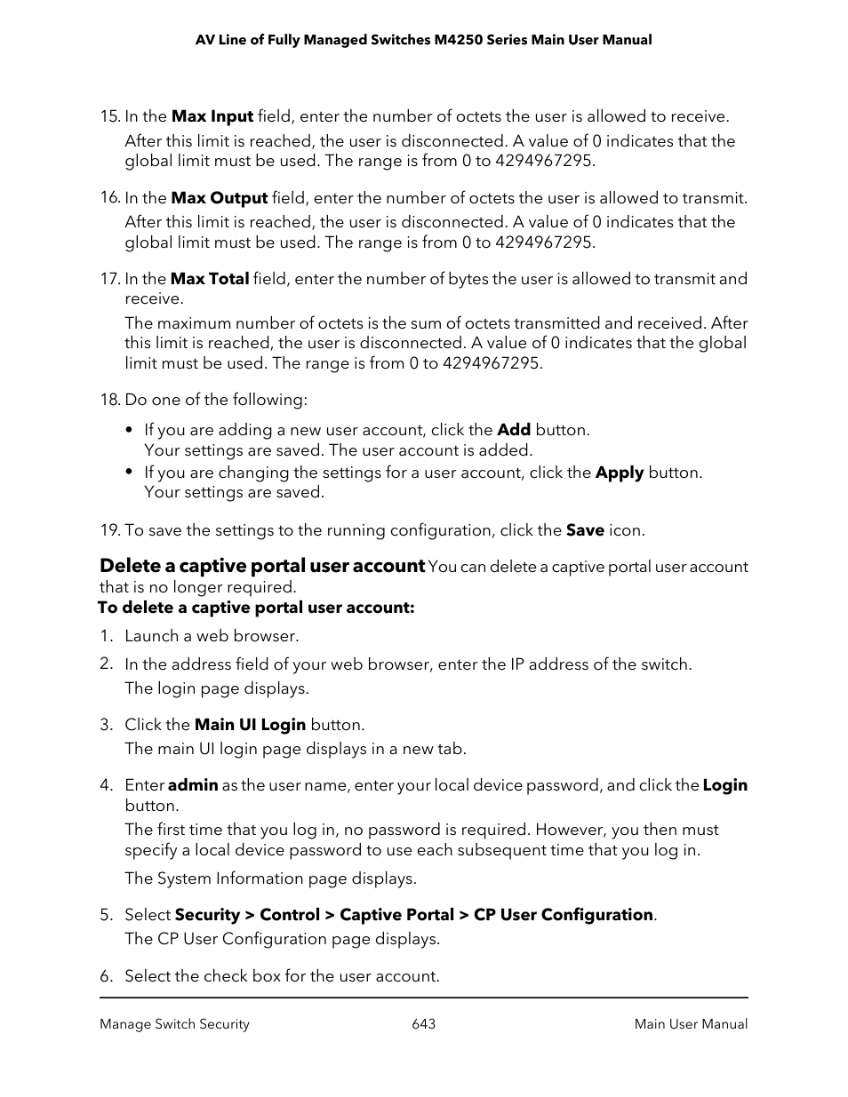 Delete a captive portal user account | NETGEAR AV Line M4250 GSM4210PX 8-Port Gigabit PoE+ Compliant Managed AV Switch with SFP (220W) User Manual | Page 643 / 826