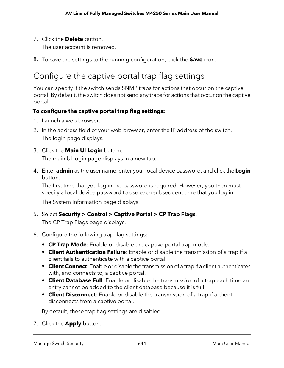 Configure the captive portal trap flag settings | NETGEAR AV Line M4250 GSM4210PX 8-Port Gigabit PoE+ Compliant Managed AV Switch with SFP (220W) User Manual | Page 644 / 826