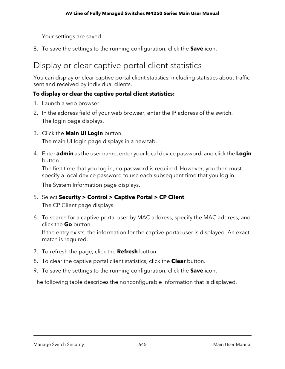 Display or clear captive portal client statistics | NETGEAR AV Line M4250 GSM4210PX 8-Port Gigabit PoE+ Compliant Managed AV Switch with SFP (220W) User Manual | Page 645 / 826