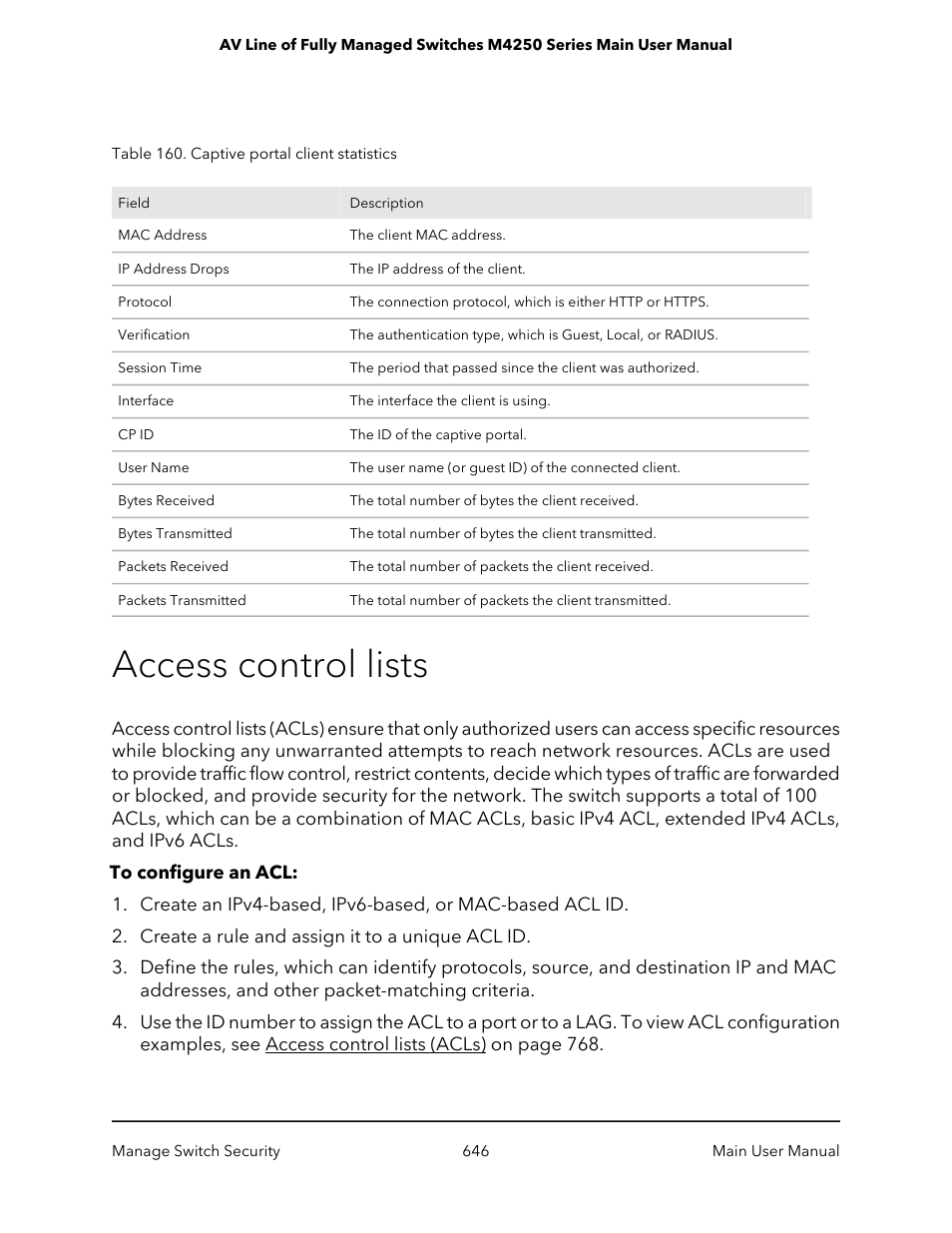 Access control lists | NETGEAR AV Line M4250 GSM4210PX 8-Port Gigabit PoE+ Compliant Managed AV Switch with SFP (220W) User Manual | Page 646 / 826