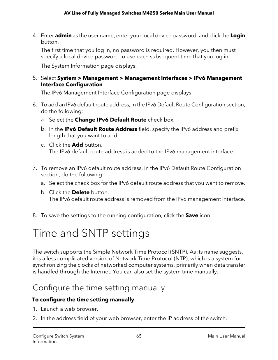 Time and sntp settings, Configure the time setting manually | NETGEAR AV Line M4250 GSM4210PX 8-Port Gigabit PoE+ Compliant Managed AV Switch with SFP (220W) User Manual | Page 65 / 826