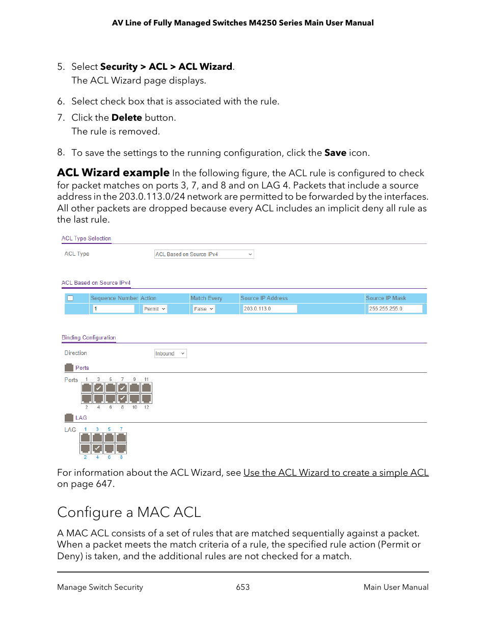 Acl wizard example, Configure a mac acl | NETGEAR AV Line M4250 GSM4210PX 8-Port Gigabit PoE+ Compliant Managed AV Switch with SFP (220W) User Manual | Page 653 / 826