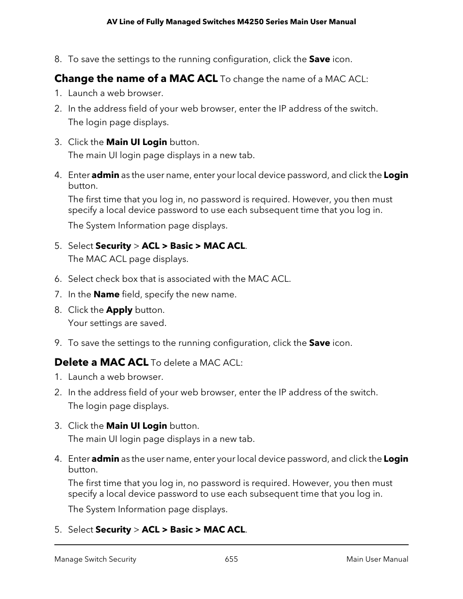 Change the name of a mac acl, Delete a mac acl, Change the name of a mac acl delete a mac acl | NETGEAR AV Line M4250 GSM4210PX 8-Port Gigabit PoE+ Compliant Managed AV Switch with SFP (220W) User Manual | Page 655 / 826