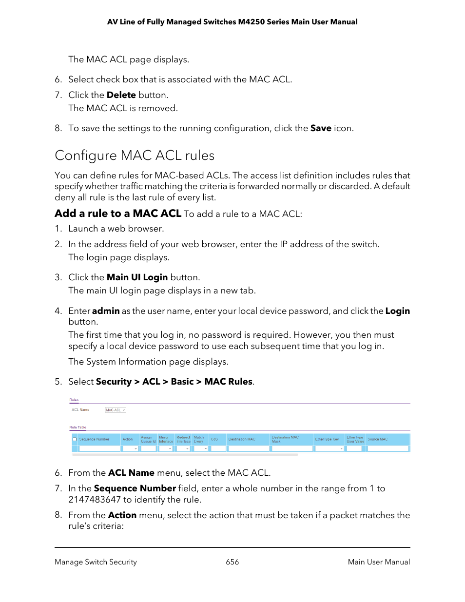 Configure mac acl rules, Add a rule to a mac acl | NETGEAR AV Line M4250 GSM4210PX 8-Port Gigabit PoE+ Compliant Managed AV Switch with SFP (220W) User Manual | Page 656 / 826