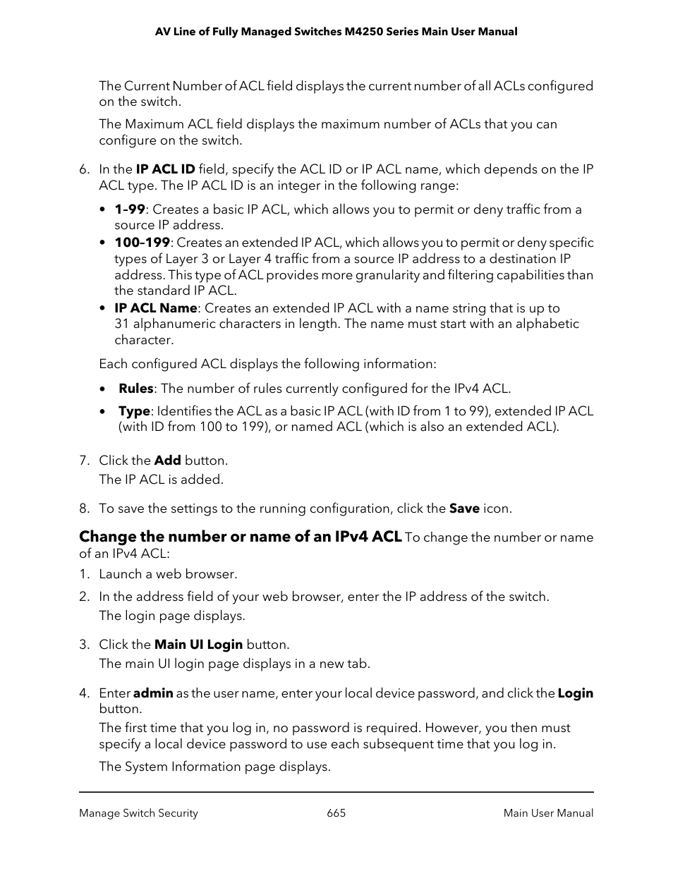 Change the number or name of an ipv4 acl | NETGEAR AV Line M4250 GSM4210PX 8-Port Gigabit PoE+ Compliant Managed AV Switch with SFP (220W) User Manual | Page 665 / 826