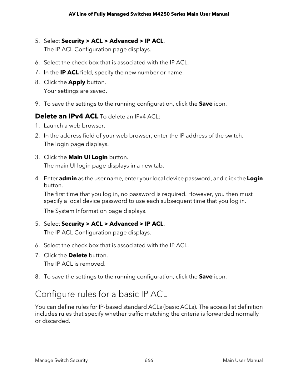 Delete an ipv4 acl, Configure rules for a basic ip acl | NETGEAR AV Line M4250 GSM4210PX 8-Port Gigabit PoE+ Compliant Managed AV Switch with SFP (220W) User Manual | Page 666 / 826