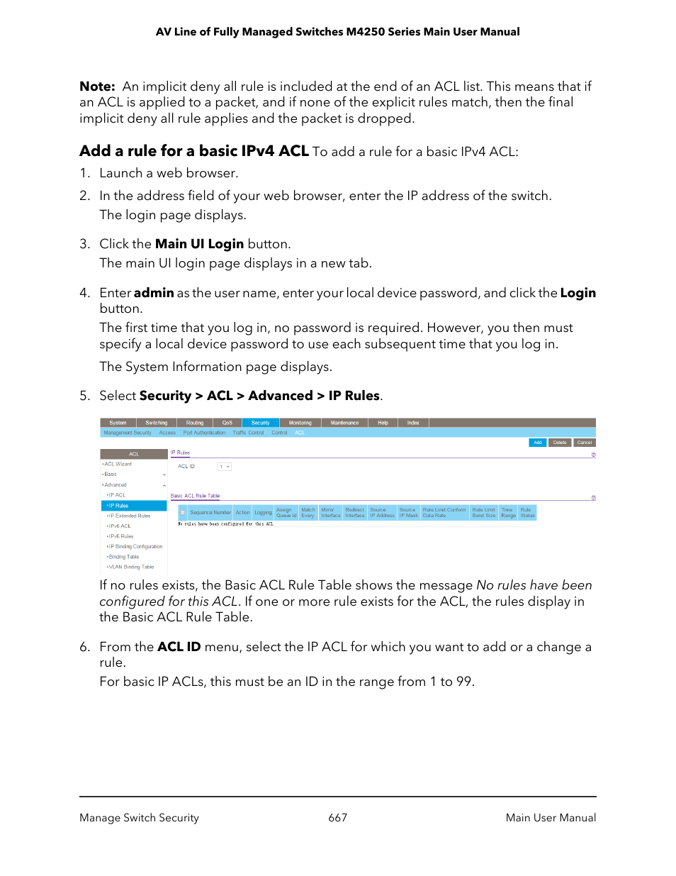 Add a rule for a basic ipv4 acl | NETGEAR AV Line M4250 GSM4210PX 8-Port Gigabit PoE+ Compliant Managed AV Switch with SFP (220W) User Manual | Page 667 / 826