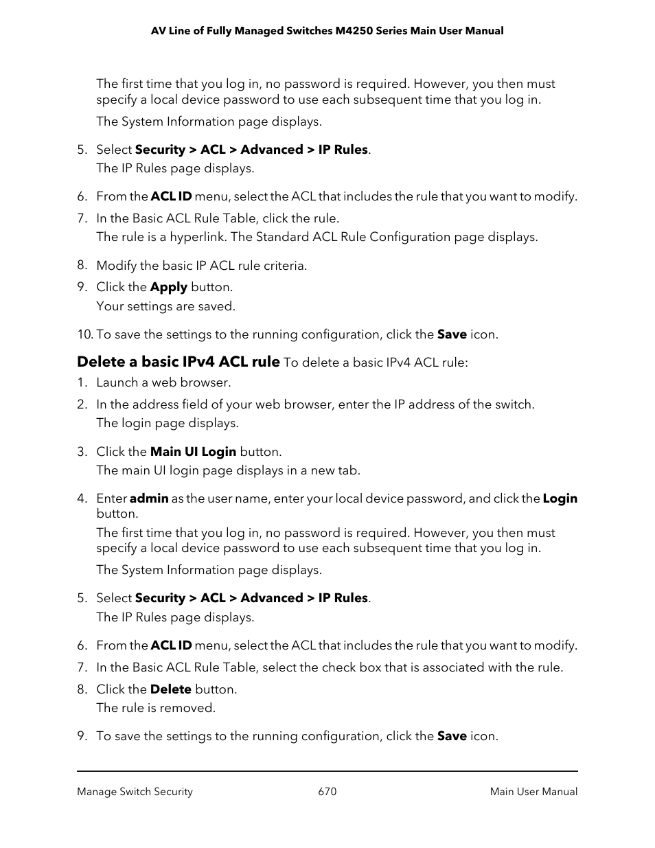 Delete a basic ipv4 acl rule | NETGEAR AV Line M4250 GSM4210PX 8-Port Gigabit PoE+ Compliant Managed AV Switch with SFP (220W) User Manual | Page 670 / 826