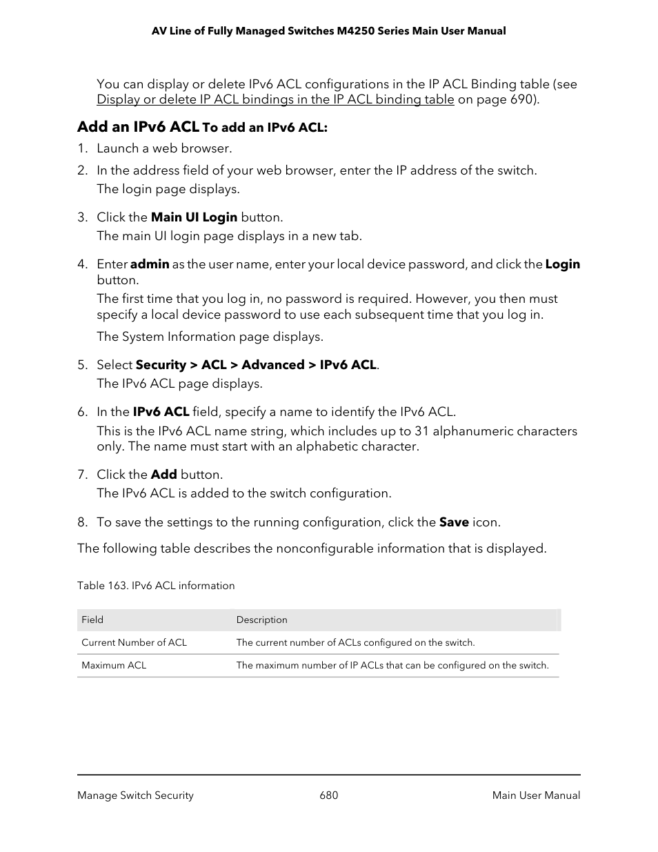 Add an ipv6 acl | NETGEAR AV Line M4250 GSM4210PX 8-Port Gigabit PoE+ Compliant Managed AV Switch with SFP (220W) User Manual | Page 680 / 826