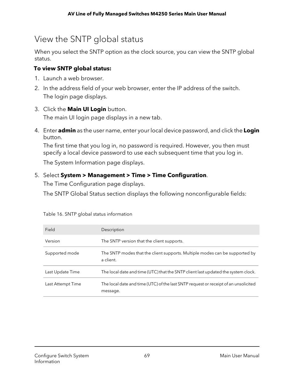 View the sntp global status | NETGEAR AV Line M4250 GSM4210PX 8-Port Gigabit PoE+ Compliant Managed AV Switch with SFP (220W) User Manual | Page 69 / 826