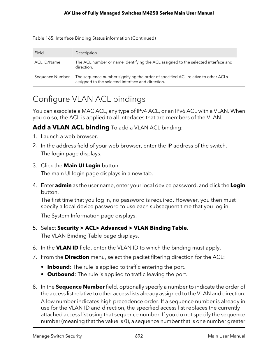 Configure vlan acl bindings, Add a vlan acl binding | NETGEAR AV Line M4250 GSM4210PX 8-Port Gigabit PoE+ Compliant Managed AV Switch with SFP (220W) User Manual | Page 692 / 826