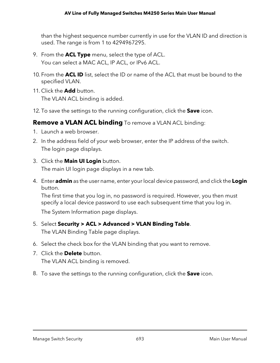 Remove a vlan acl binding | NETGEAR AV Line M4250 GSM4210PX 8-Port Gigabit PoE+ Compliant Managed AV Switch with SFP (220W) User Manual | Page 693 / 826