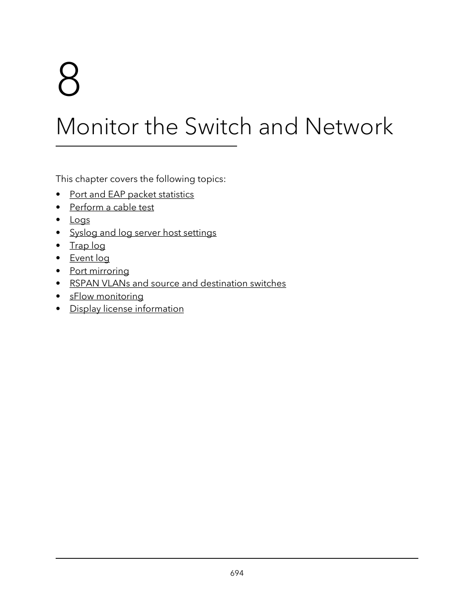 Monitor the switch and network, Chapter 8 monitor the switch and network | NETGEAR AV Line M4250 GSM4210PX 8-Port Gigabit PoE+ Compliant Managed AV Switch with SFP (220W) User Manual | Page 694 / 826