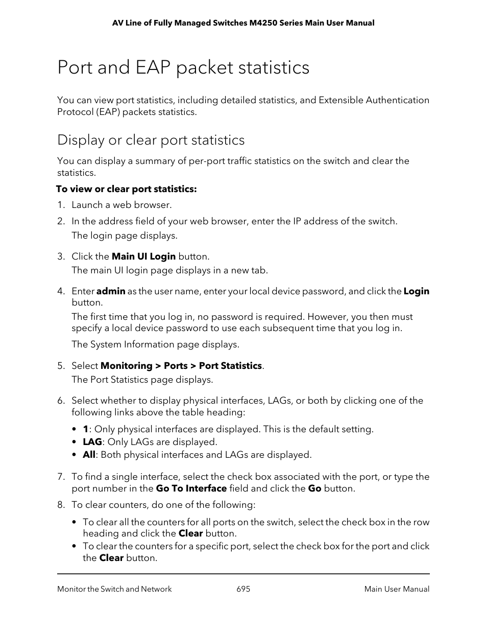 Port and eap packet statistics, Display or clear port statistics | NETGEAR AV Line M4250 GSM4210PX 8-Port Gigabit PoE+ Compliant Managed AV Switch with SFP (220W) User Manual | Page 695 / 826