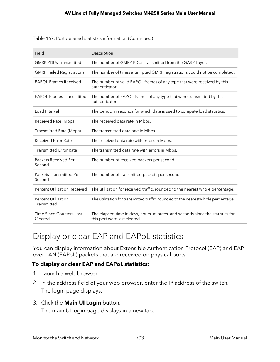 Display or clear eap and eapol statistics | NETGEAR AV Line M4250 GSM4210PX 8-Port Gigabit PoE+ Compliant Managed AV Switch with SFP (220W) User Manual | Page 703 / 826