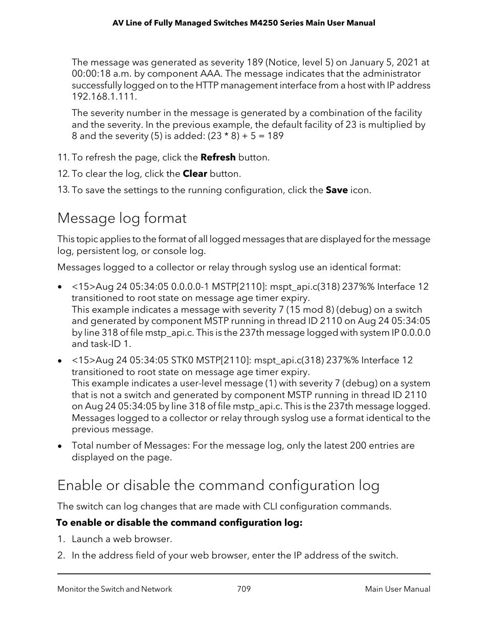 Message log format, Enable or disable the command configuration log | NETGEAR AV Line M4250 GSM4210PX 8-Port Gigabit PoE+ Compliant Managed AV Switch with SFP (220W) User Manual | Page 709 / 826