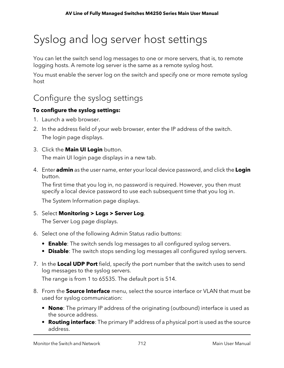 Syslog and log server host settings, Configure the syslog settings | NETGEAR AV Line M4250 GSM4210PX 8-Port Gigabit PoE+ Compliant Managed AV Switch with SFP (220W) User Manual | Page 712 / 826