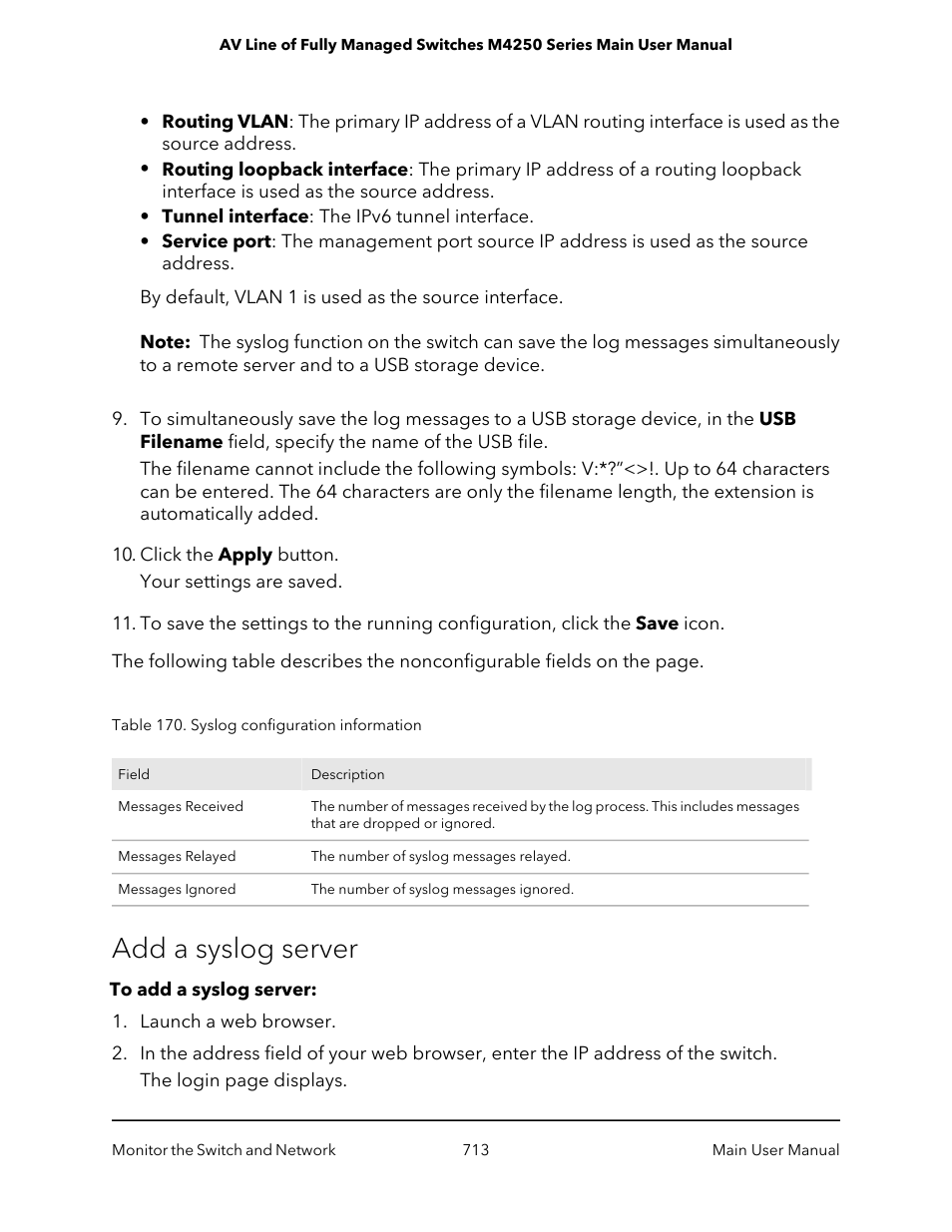 Add a syslog server | NETGEAR AV Line M4250 GSM4210PX 8-Port Gigabit PoE+ Compliant Managed AV Switch with SFP (220W) User Manual | Page 713 / 826