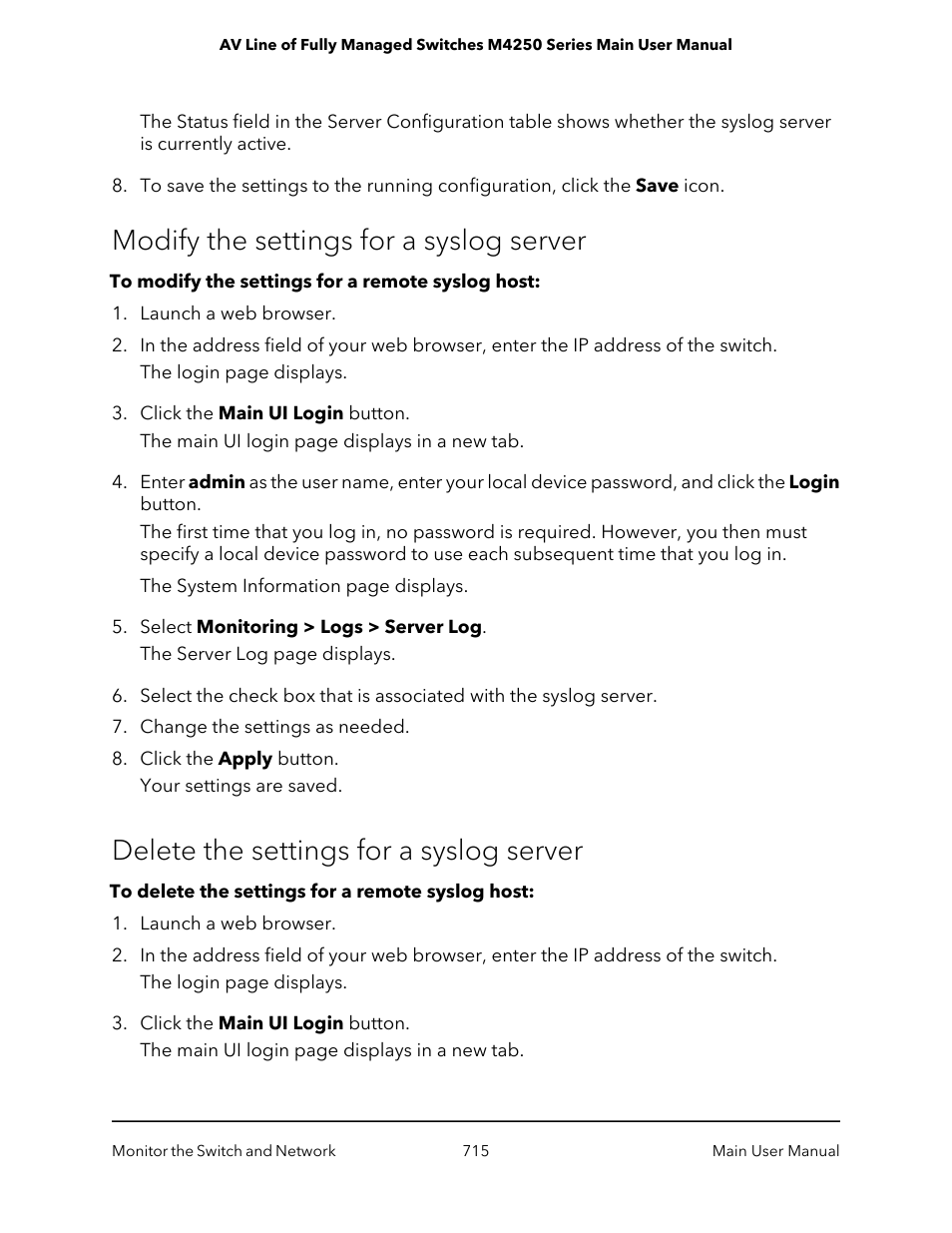 Modify the settings for a syslog server, Delete the settings for a syslog server | NETGEAR AV Line M4250 GSM4210PX 8-Port Gigabit PoE+ Compliant Managed AV Switch with SFP (220W) User Manual | Page 715 / 826