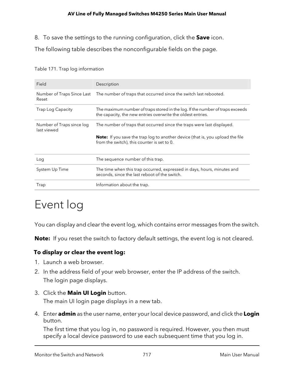 Event log | NETGEAR AV Line M4250 GSM4210PX 8-Port Gigabit PoE+ Compliant Managed AV Switch with SFP (220W) User Manual | Page 717 / 826