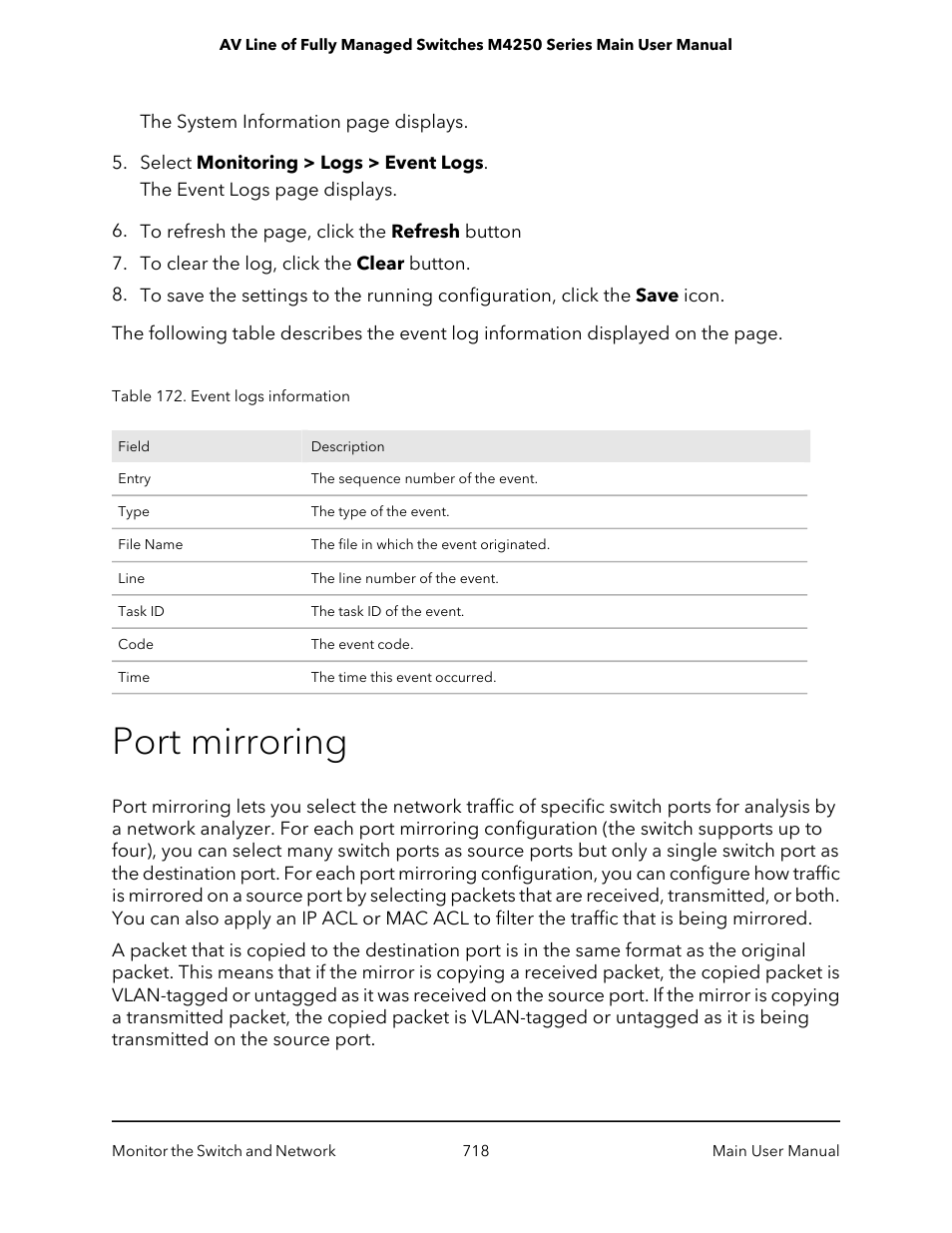 Port mirroring | NETGEAR AV Line M4250 GSM4210PX 8-Port Gigabit PoE+ Compliant Managed AV Switch with SFP (220W) User Manual | Page 718 / 826