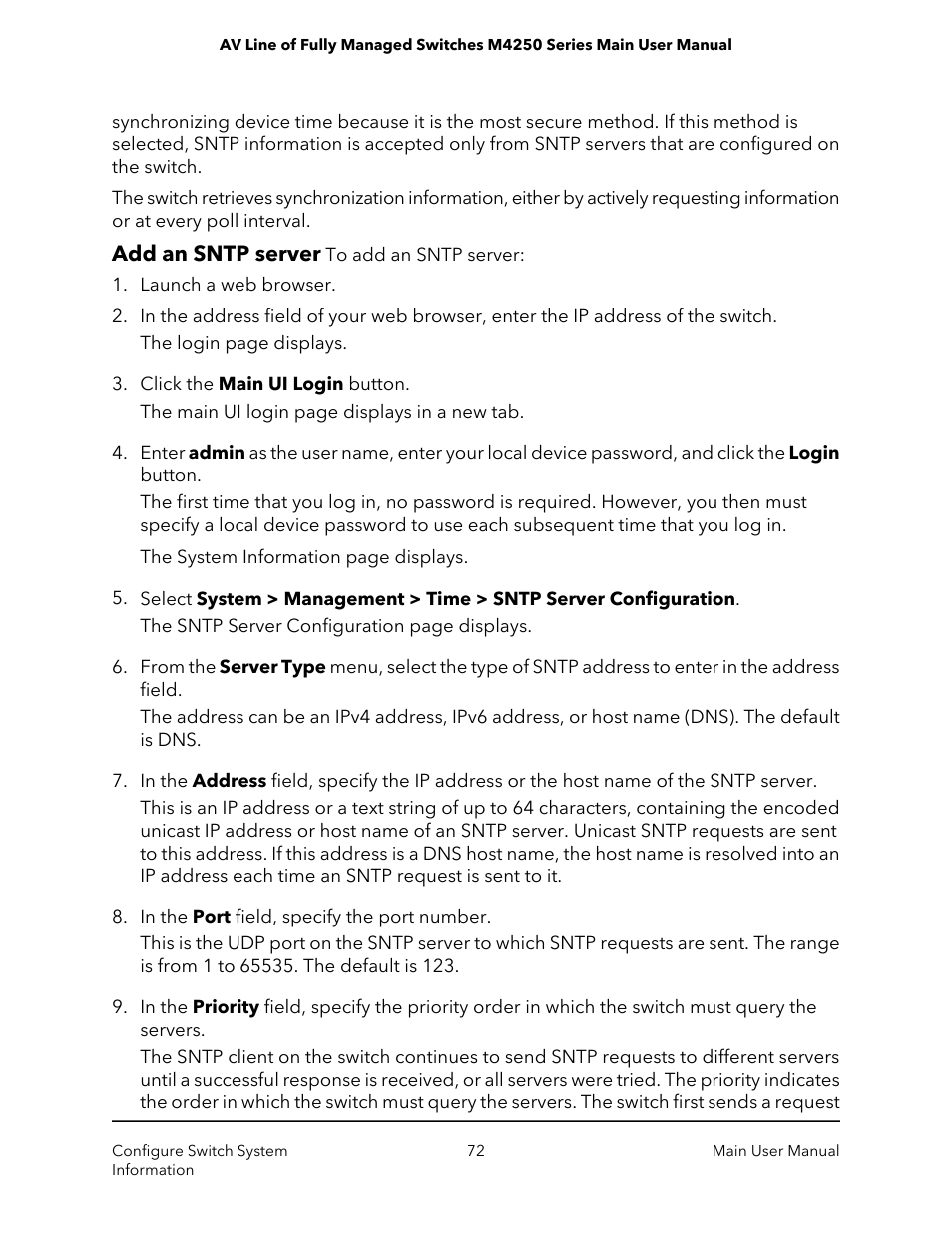 Add an sntp server | NETGEAR AV Line M4250 GSM4210PX 8-Port Gigabit PoE+ Compliant Managed AV Switch with SFP (220W) User Manual | Page 72 / 826