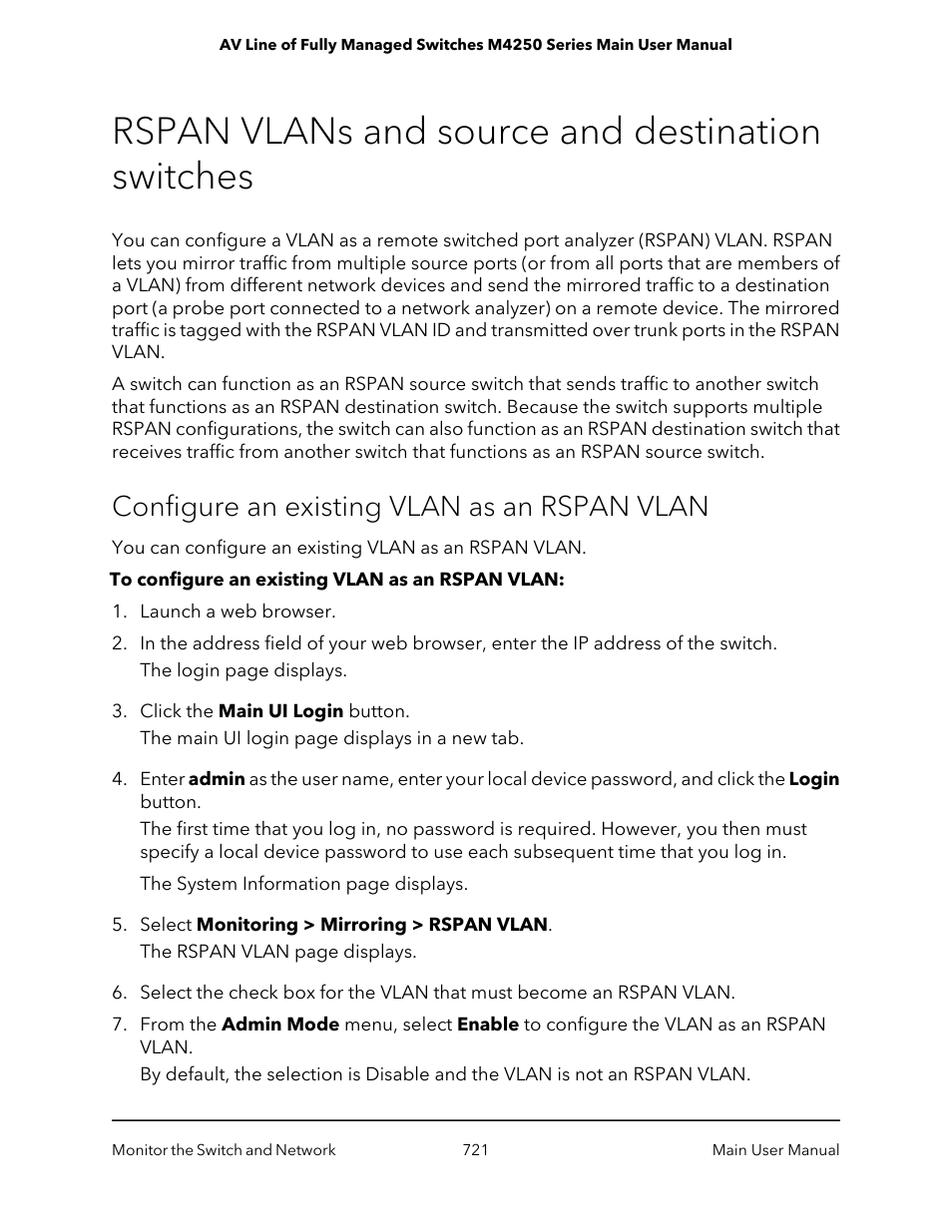 Rspan vlans and source and destination switches, Configure an existing vlan as an rspan vlan | NETGEAR AV Line M4250 GSM4210PX 8-Port Gigabit PoE+ Compliant Managed AV Switch with SFP (220W) User Manual | Page 721 / 826