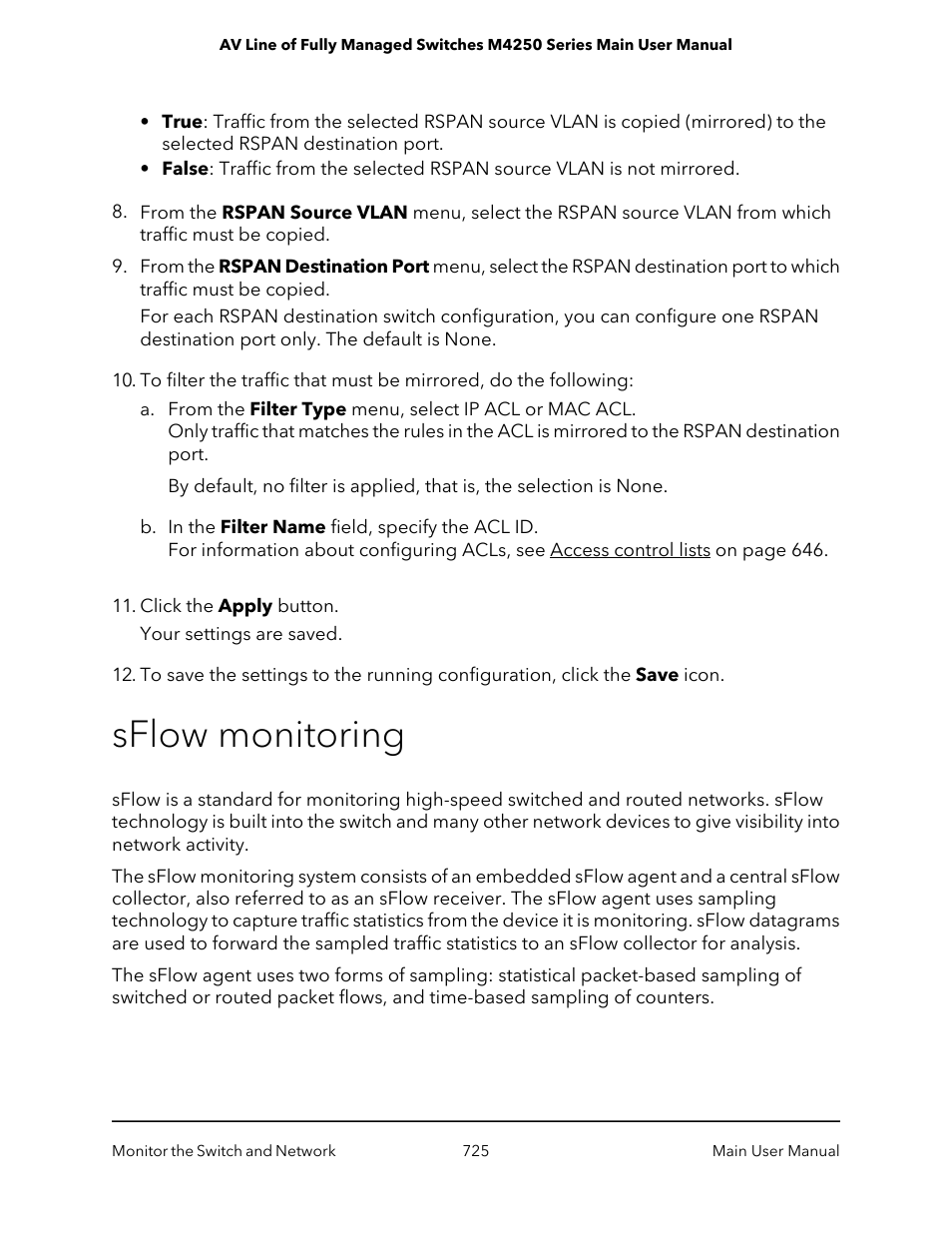 Sflow monitoring | NETGEAR AV Line M4250 GSM4210PX 8-Port Gigabit PoE+ Compliant Managed AV Switch with SFP (220W) User Manual | Page 725 / 826