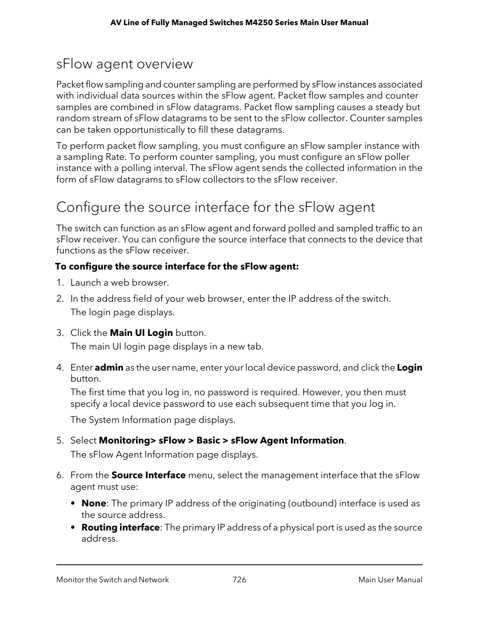 Sflow agent overview, Configure the source interface for the sflow agent | NETGEAR AV Line M4250 GSM4210PX 8-Port Gigabit PoE+ Compliant Managed AV Switch with SFP (220W) User Manual | Page 726 / 826