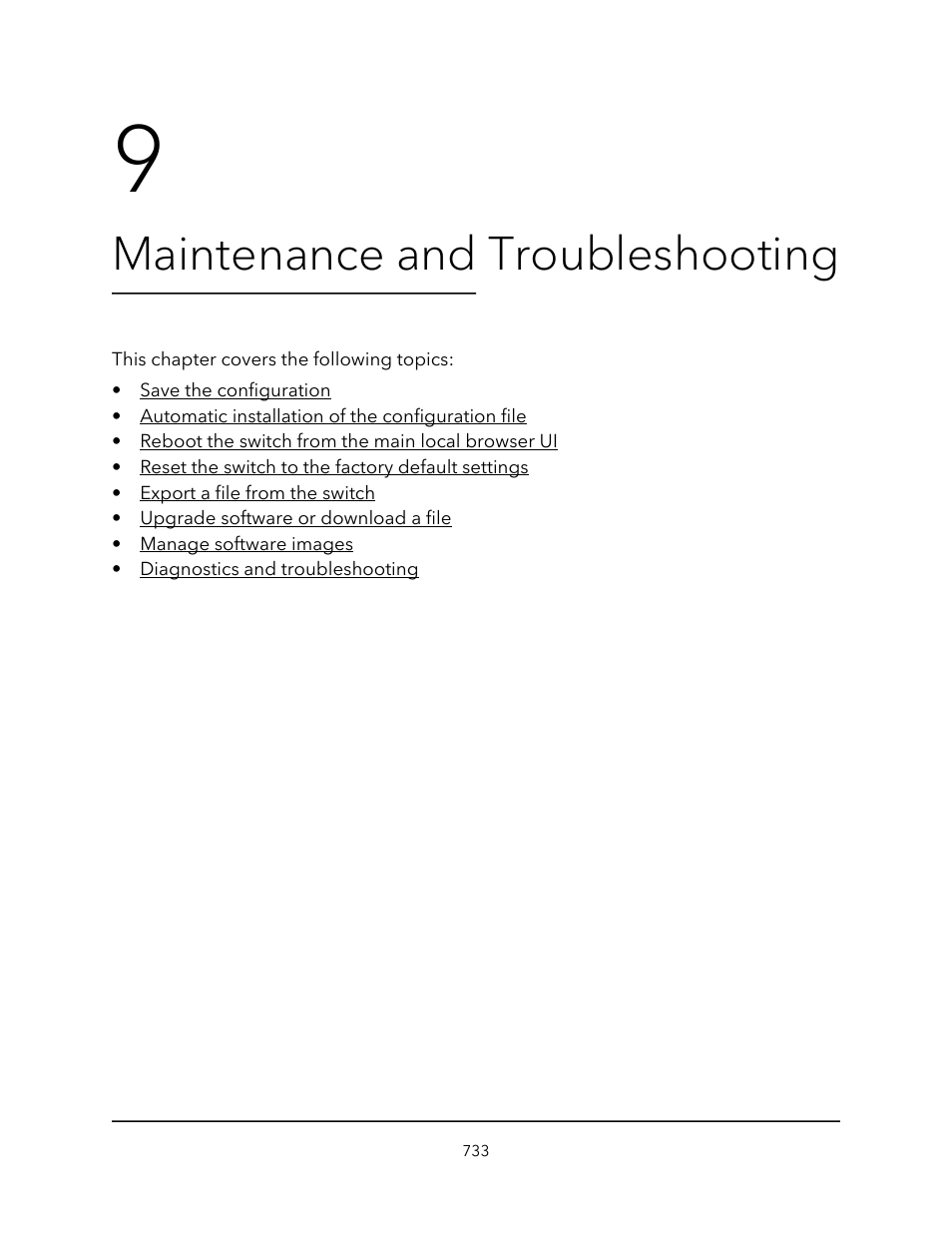 Maintenance and troubleshooting, Chapter 9 maintenance and troubleshooting | NETGEAR AV Line M4250 GSM4210PX 8-Port Gigabit PoE+ Compliant Managed AV Switch with SFP (220W) User Manual | Page 733 / 826