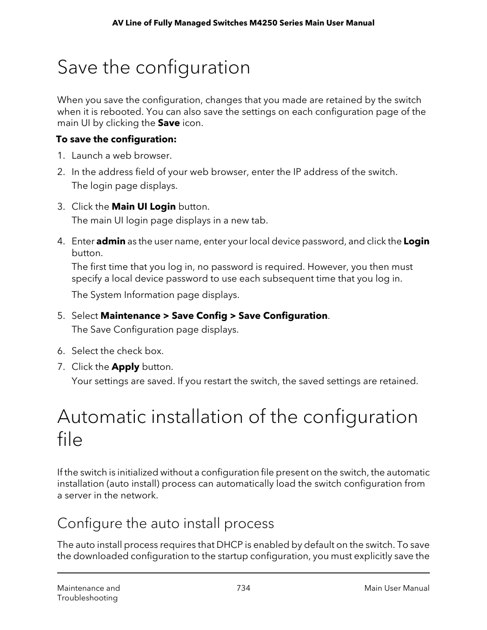 Save the configuration, Automatic installation of the configuration file, Configure the auto install process | NETGEAR AV Line M4250 GSM4210PX 8-Port Gigabit PoE+ Compliant Managed AV Switch with SFP (220W) User Manual | Page 734 / 826