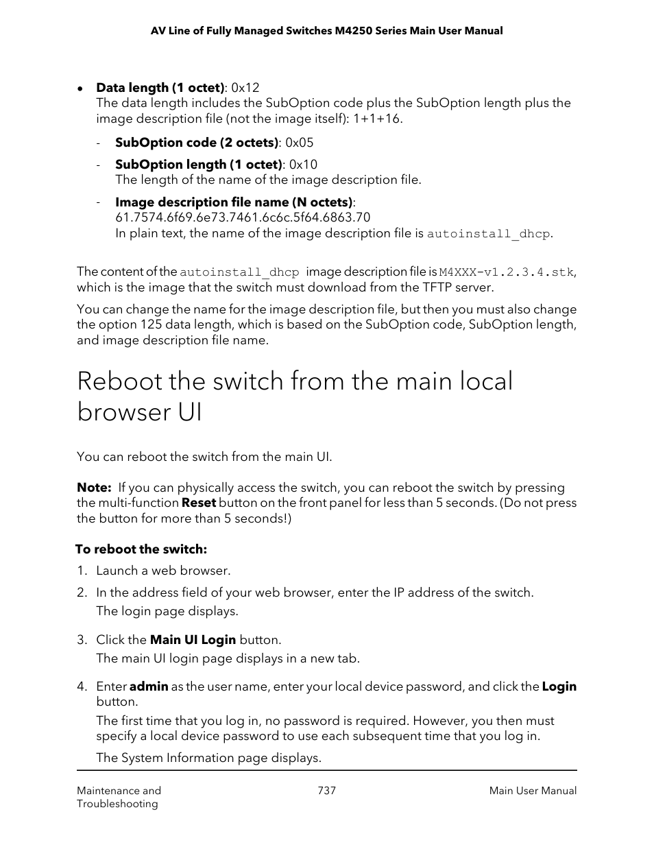 Reboot the switch from the main local browser ui | NETGEAR AV Line M4250 GSM4210PX 8-Port Gigabit PoE+ Compliant Managed AV Switch with SFP (220W) User Manual | Page 737 / 826