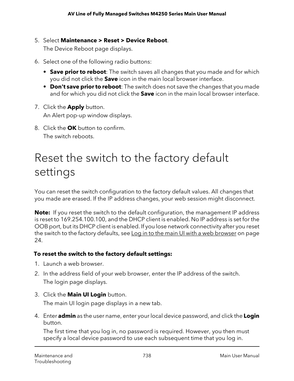 Reset the switch to the factory default settings | NETGEAR AV Line M4250 GSM4210PX 8-Port Gigabit PoE+ Compliant Managed AV Switch with SFP (220W) User Manual | Page 738 / 826