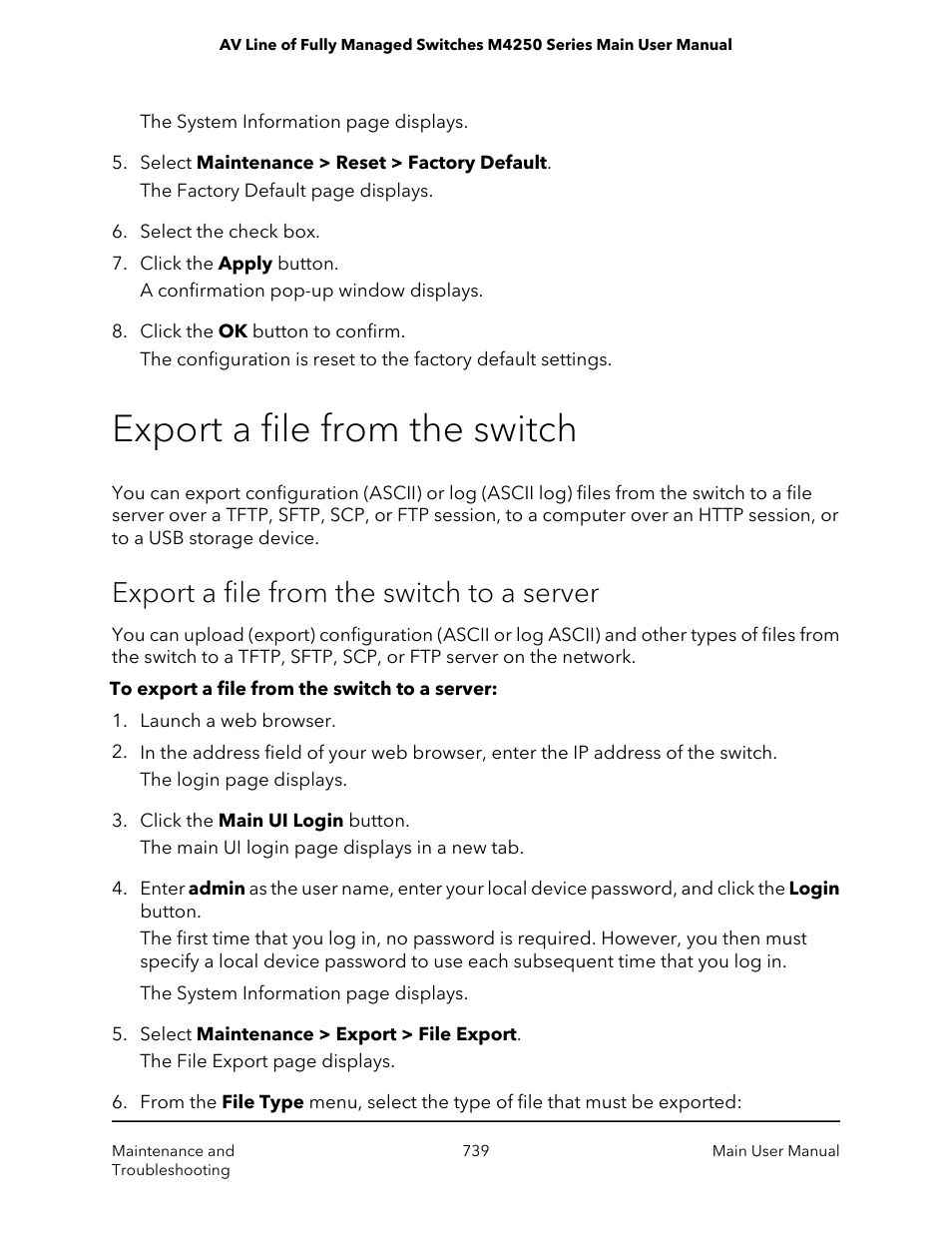 Export a file from the switch, Export a file from the switch to a server | NETGEAR AV Line M4250 GSM4210PX 8-Port Gigabit PoE+ Compliant Managed AV Switch with SFP (220W) User Manual | Page 739 / 826