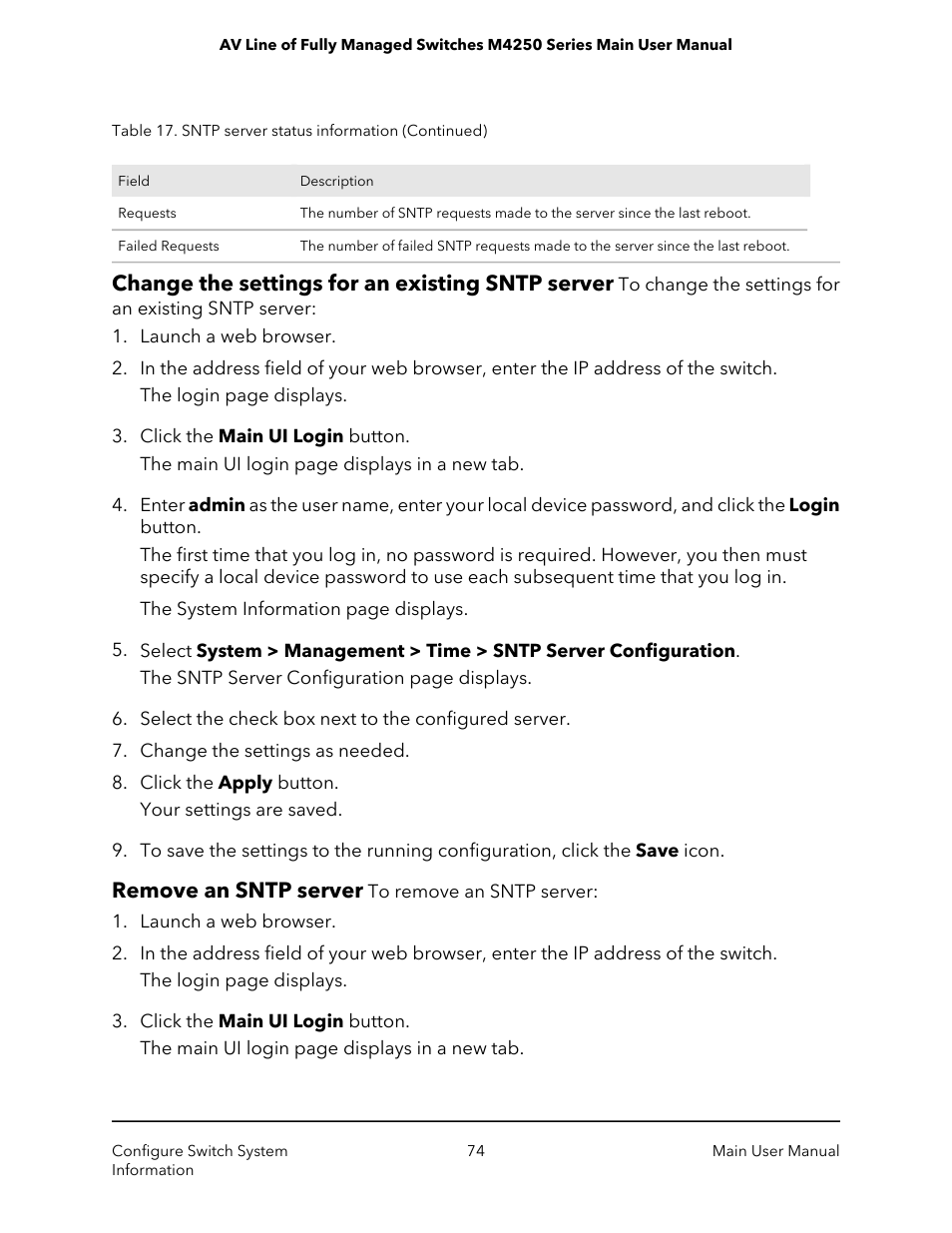 Change the settings for an existing sntp server, Remove an sntp server | NETGEAR AV Line M4250 GSM4210PX 8-Port Gigabit PoE+ Compliant Managed AV Switch with SFP (220W) User Manual | Page 74 / 826