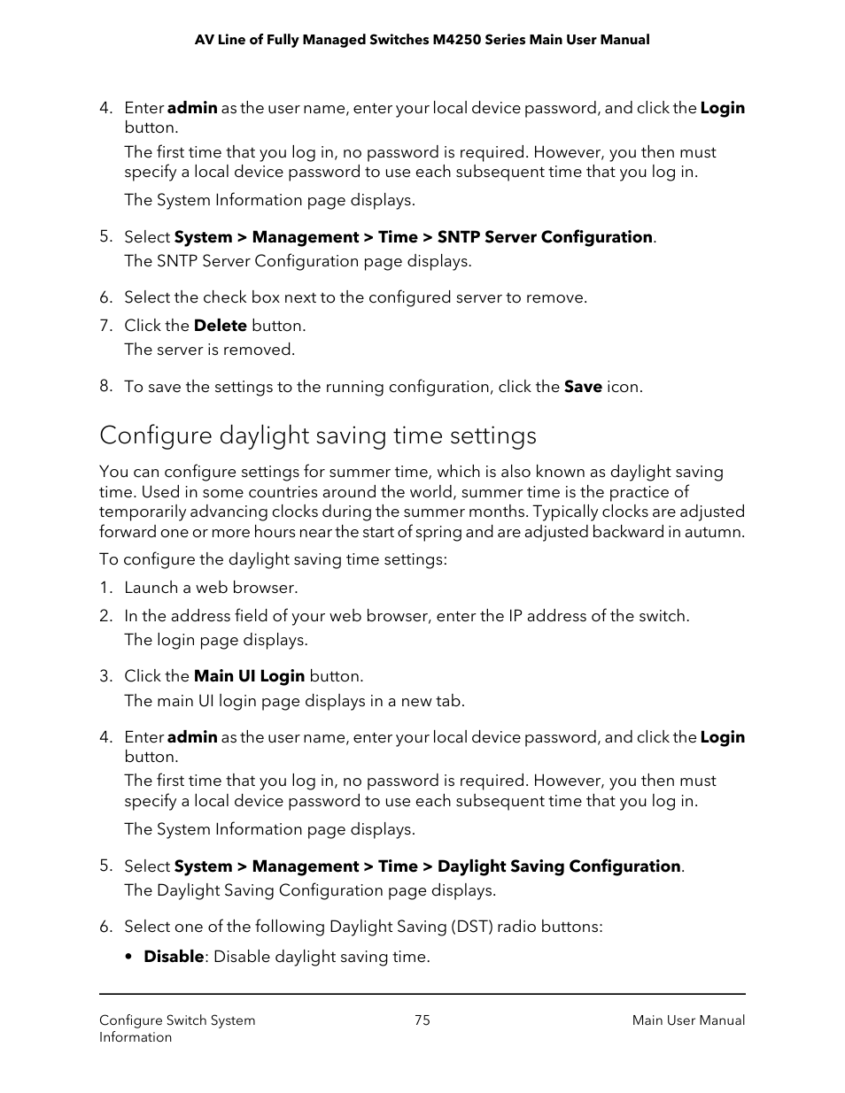 Configure daylight saving time settings | NETGEAR AV Line M4250 GSM4210PX 8-Port Gigabit PoE+ Compliant Managed AV Switch with SFP (220W) User Manual | Page 75 / 826