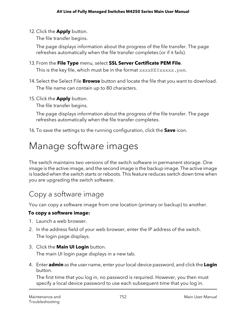 Manage software images, Copy a software image | NETGEAR AV Line M4250 GSM4210PX 8-Port Gigabit PoE+ Compliant Managed AV Switch with SFP (220W) User Manual | Page 752 / 826