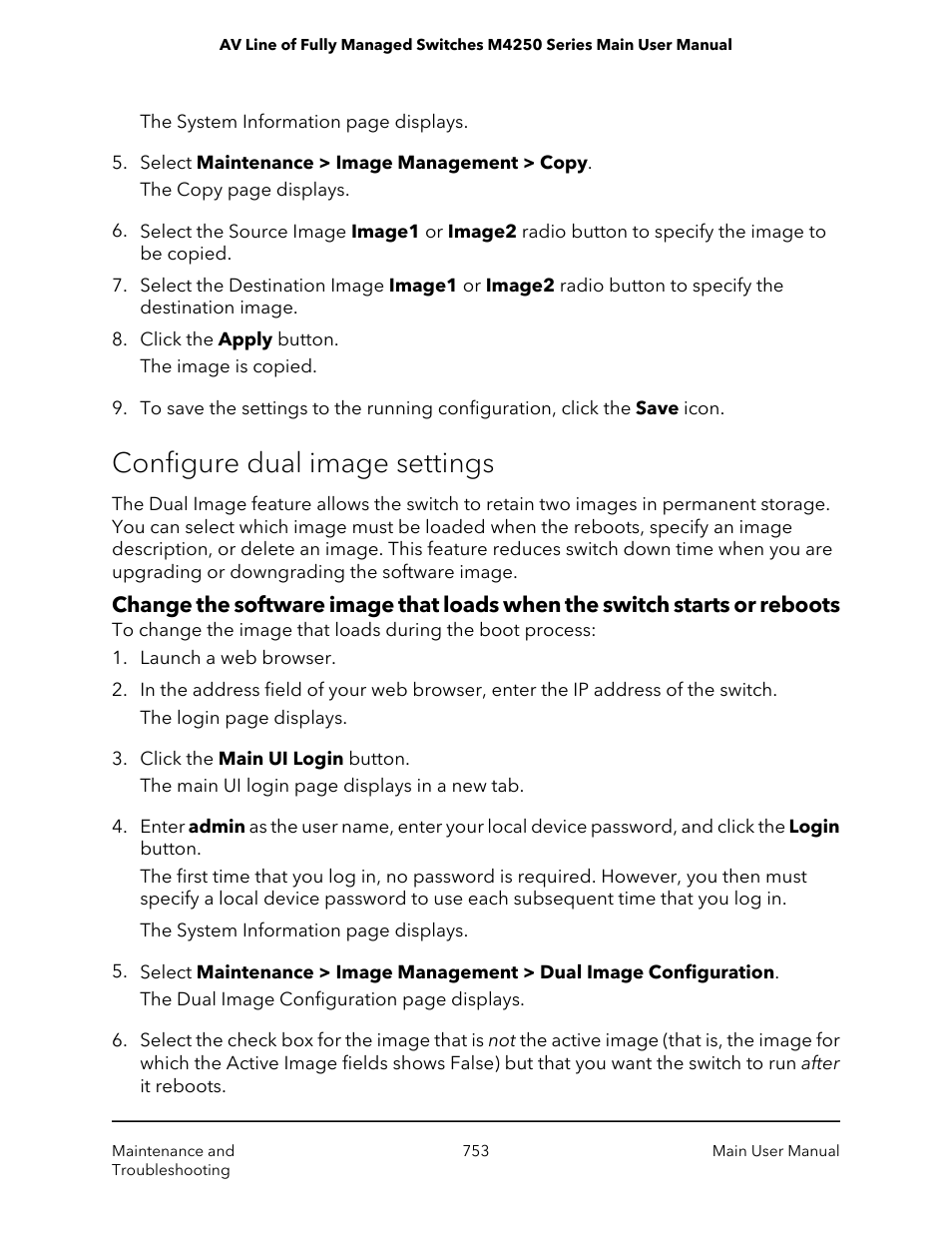 Configure dual image settings | NETGEAR AV Line M4250 GSM4210PX 8-Port Gigabit PoE+ Compliant Managed AV Switch with SFP (220W) User Manual | Page 753 / 826