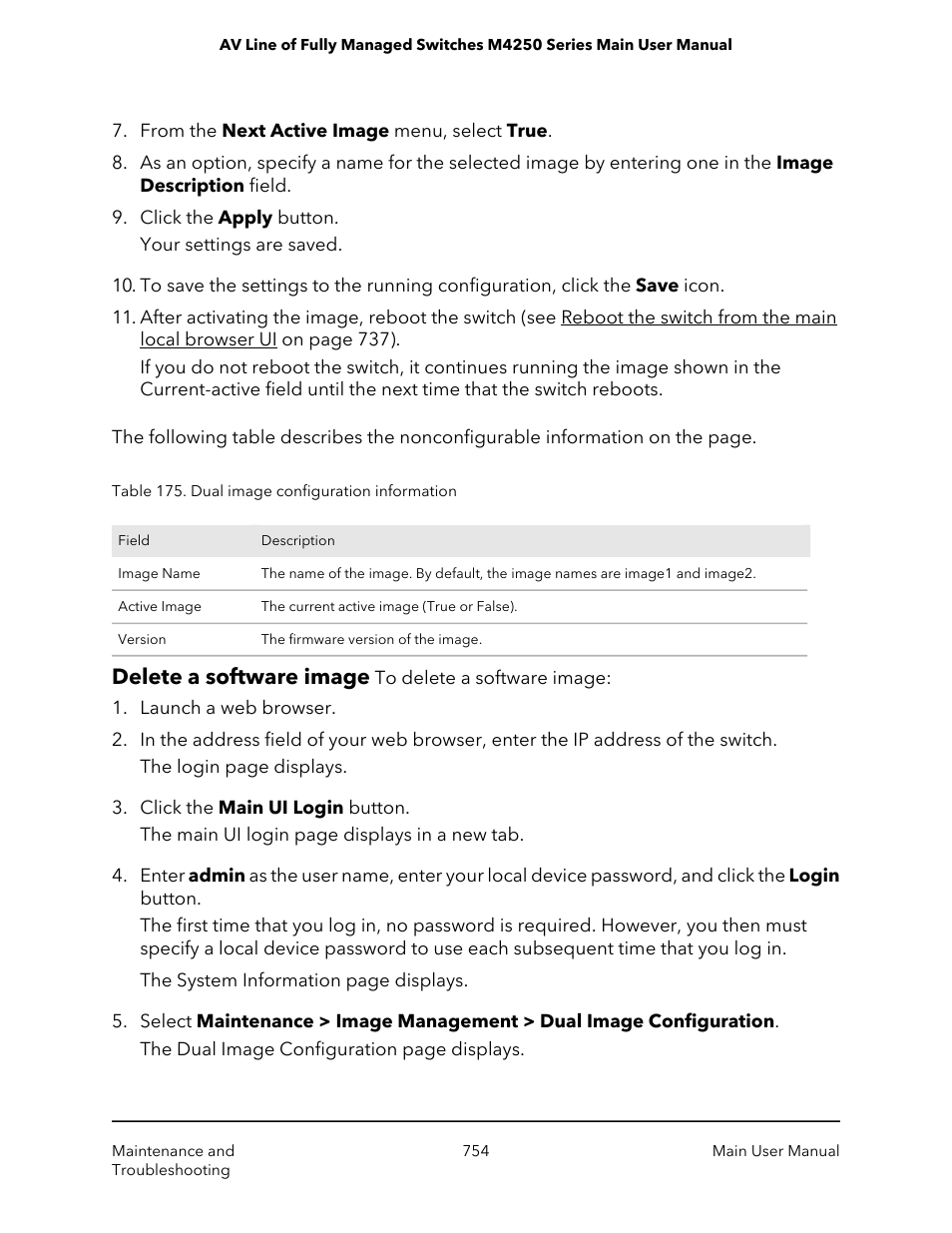 Delete a software image | NETGEAR AV Line M4250 GSM4210PX 8-Port Gigabit PoE+ Compliant Managed AV Switch with SFP (220W) User Manual | Page 754 / 826