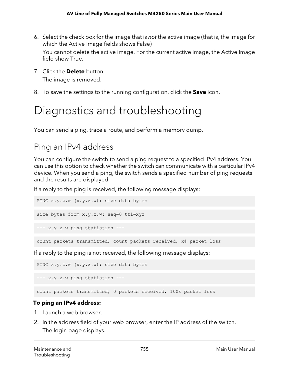 Diagnostics and troubleshooting, Ping an ipv4 address | NETGEAR AV Line M4250 GSM4210PX 8-Port Gigabit PoE+ Compliant Managed AV Switch with SFP (220W) User Manual | Page 755 / 826