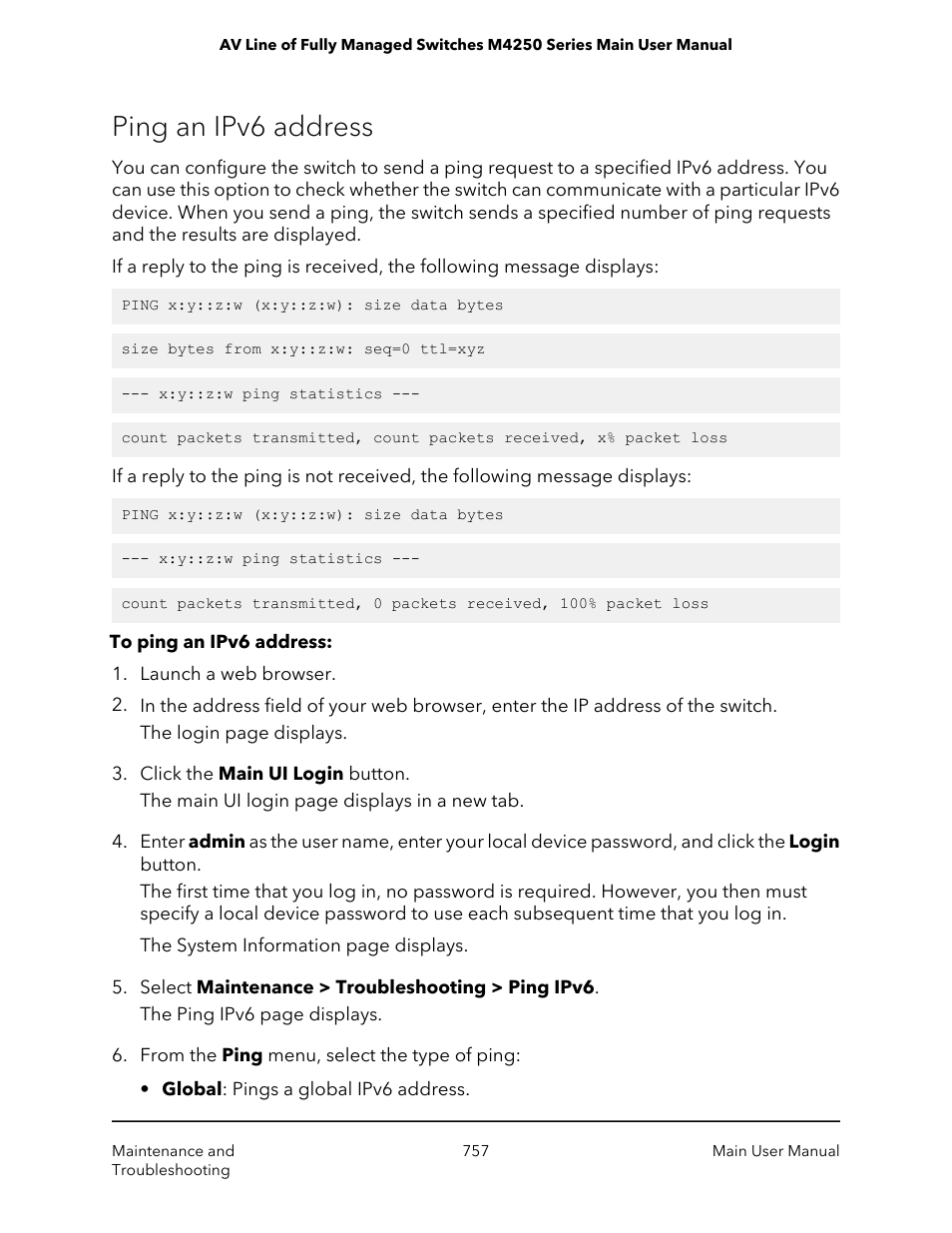 Ping an ipv6 address | NETGEAR AV Line M4250 GSM4210PX 8-Port Gigabit PoE+ Compliant Managed AV Switch with SFP (220W) User Manual | Page 757 / 826