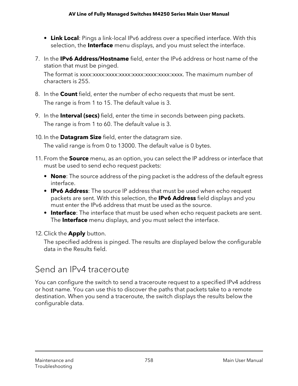 Send an ipv4 traceroute | NETGEAR AV Line M4250 GSM4210PX 8-Port Gigabit PoE+ Compliant Managed AV Switch with SFP (220W) User Manual | Page 758 / 826