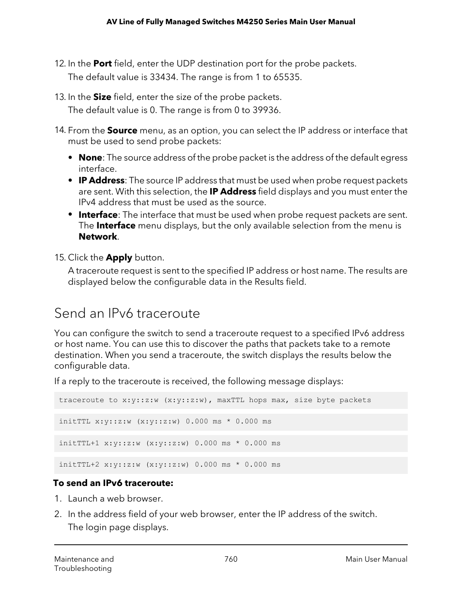 Send an ipv6 traceroute | NETGEAR AV Line M4250 GSM4210PX 8-Port Gigabit PoE+ Compliant Managed AV Switch with SFP (220W) User Manual | Page 760 / 826