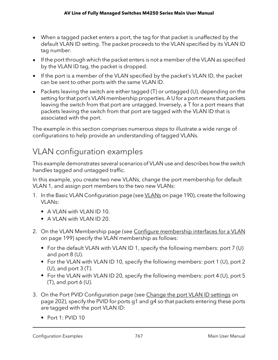 Vlan configuration examples | NETGEAR AV Line M4250 GSM4210PX 8-Port Gigabit PoE+ Compliant Managed AV Switch with SFP (220W) User Manual | Page 767 / 826