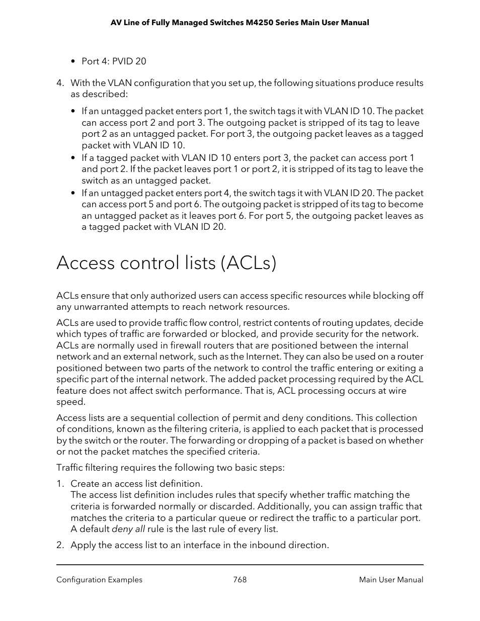 Access control lists (acls) | NETGEAR AV Line M4250 GSM4210PX 8-Port Gigabit PoE+ Compliant Managed AV Switch with SFP (220W) User Manual | Page 768 / 826