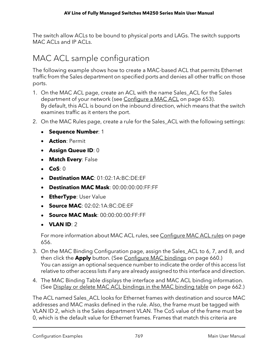 Mac acl sample configuration | NETGEAR AV Line M4250 GSM4210PX 8-Port Gigabit PoE+ Compliant Managed AV Switch with SFP (220W) User Manual | Page 769 / 826