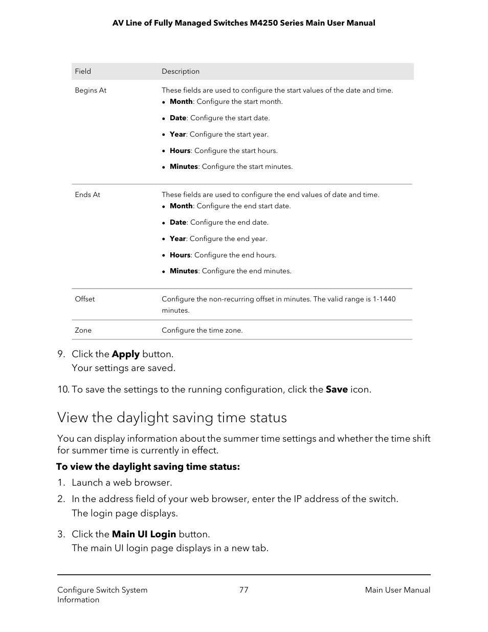 View the daylight saving time status | NETGEAR AV Line M4250 GSM4210PX 8-Port Gigabit PoE+ Compliant Managed AV Switch with SFP (220W) User Manual | Page 77 / 826