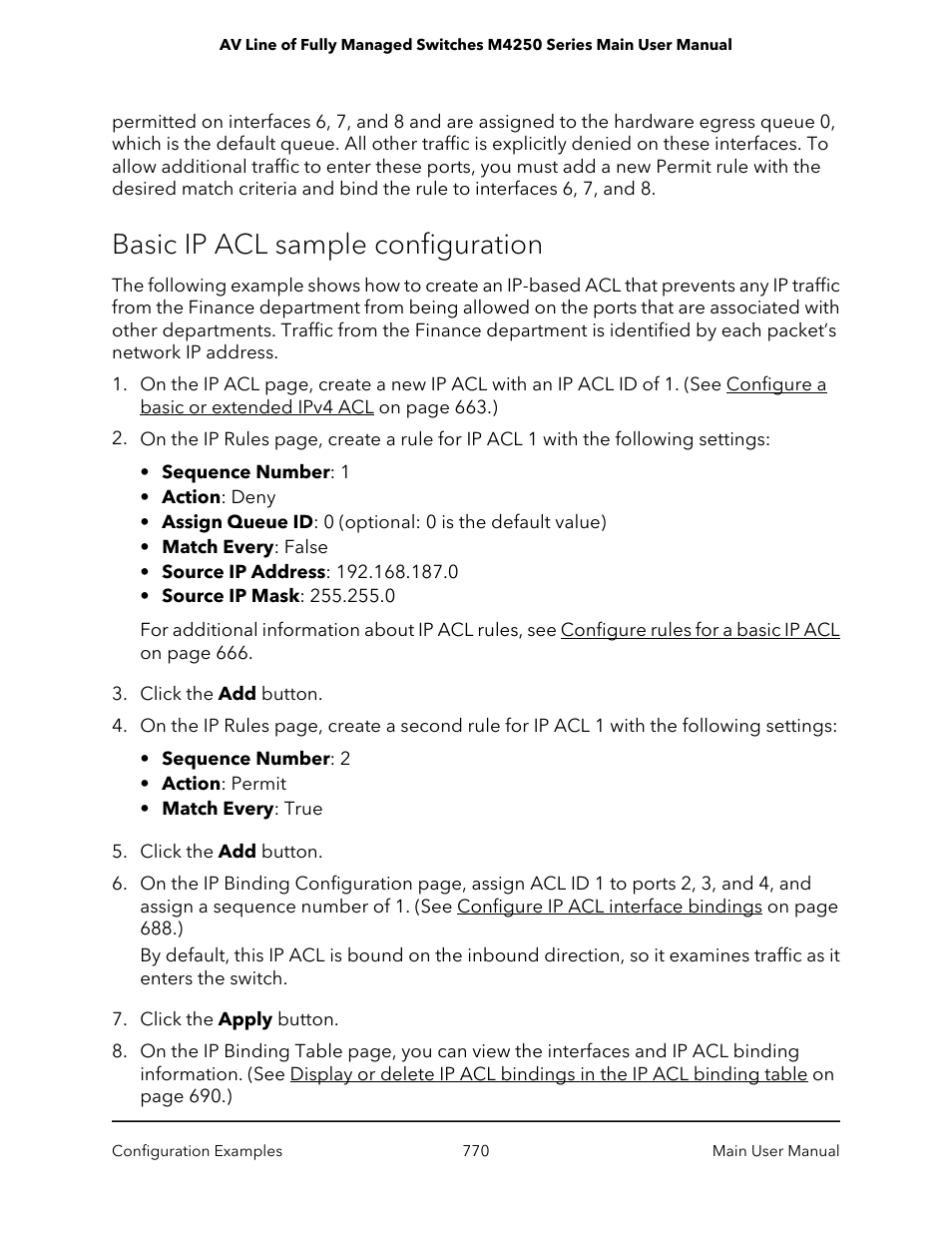 Basic ip acl sample configuration | NETGEAR AV Line M4250 GSM4210PX 8-Port Gigabit PoE+ Compliant Managed AV Switch with SFP (220W) User Manual | Page 770 / 826