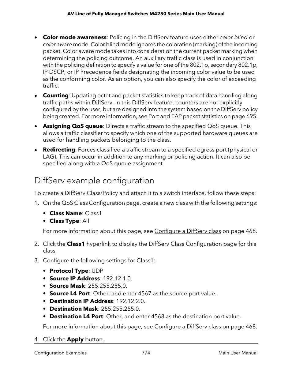 Diffserv example configuration | NETGEAR AV Line M4250 GSM4210PX 8-Port Gigabit PoE+ Compliant Managed AV Switch with SFP (220W) User Manual | Page 774 / 826